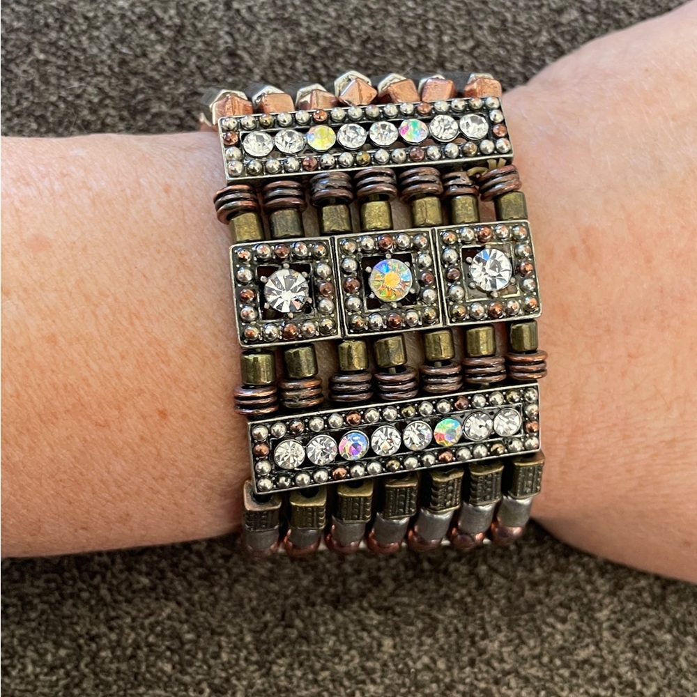 Mixed-Metal Boho Eclectic Artisan Chunky Jeweled Bracelet